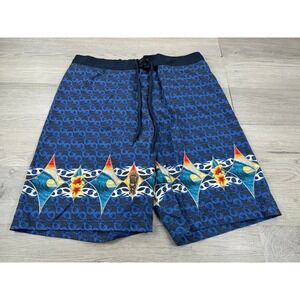 Vintage Gecko Hawaii Shorts Mens L Blue Swim Trunks Nylon Mesh Lined 10" Inseam